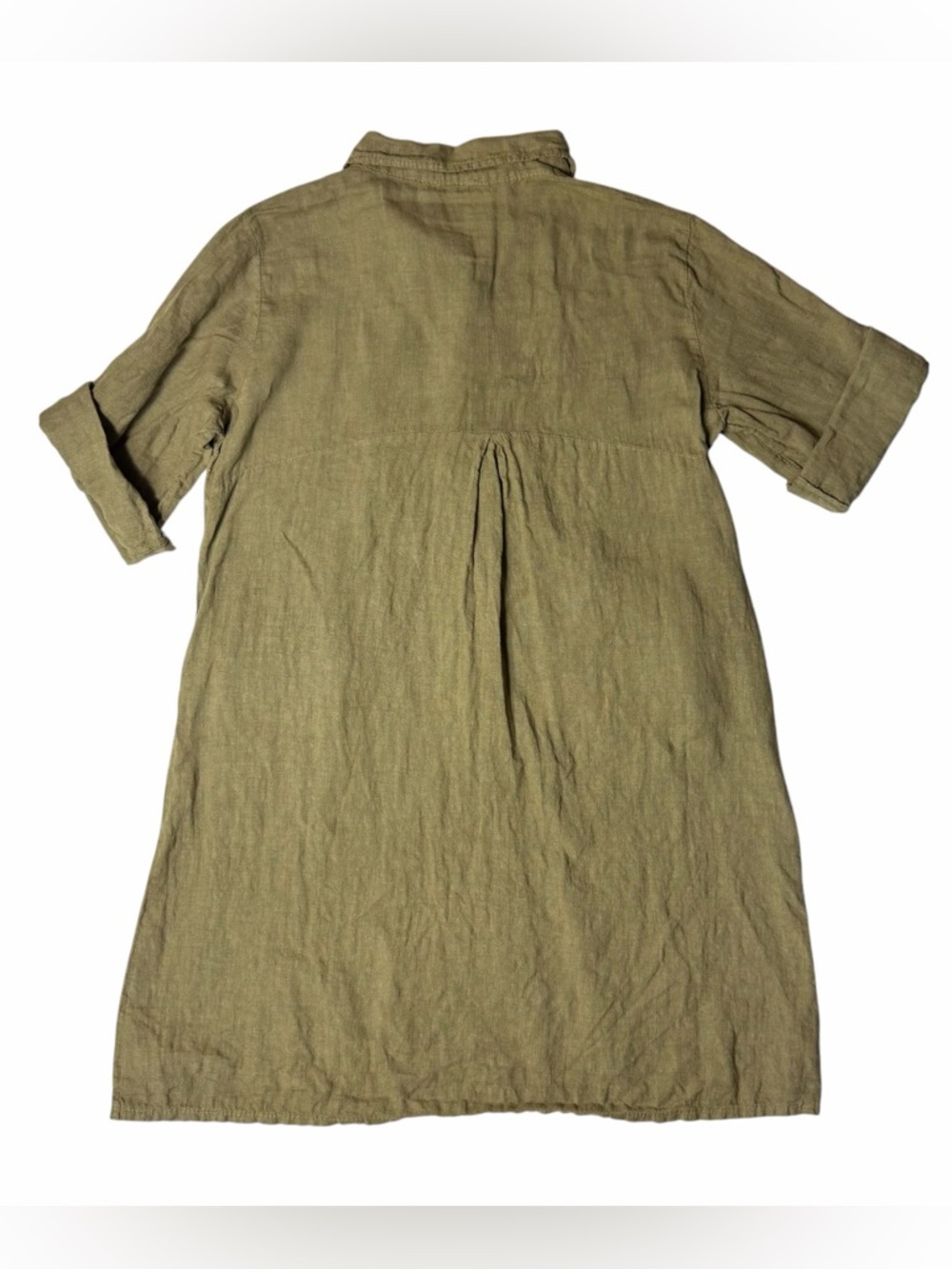 Elena Baldi Linen Dress Tunic Olive Green Roll Tab Sleeve Size Large - Picture 10 of 11
